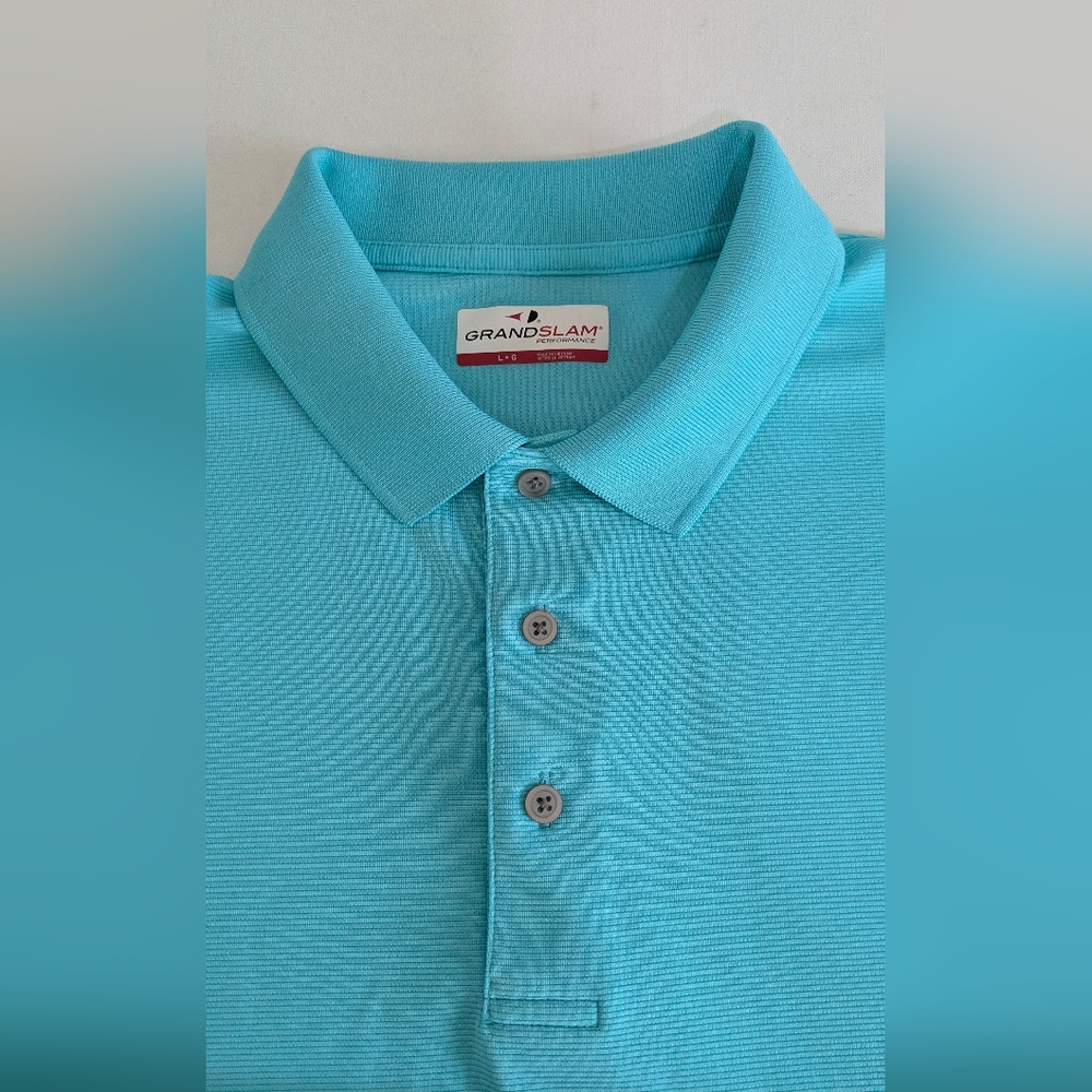 GRAND SLAM Men's GOLF POLO TEE KNIT SHIRT EASY CARE Performance Sz L Turquoise - Picture 8 of 11
